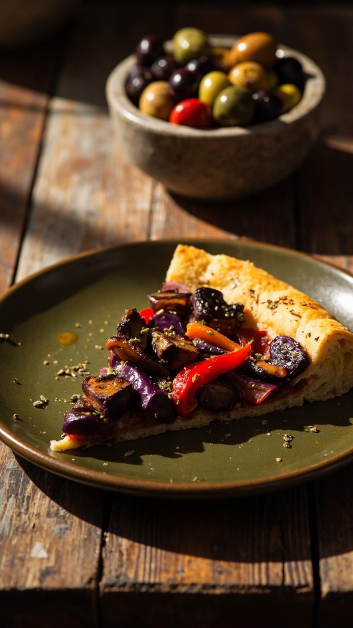 A slice on an olive green plate with tender cubes of roasted purple eggplant and red pepper pieces in the filling flecks of dried oregano on top a small bowl of mixed olives sits behind the plate and a rustic table surface completes the scene