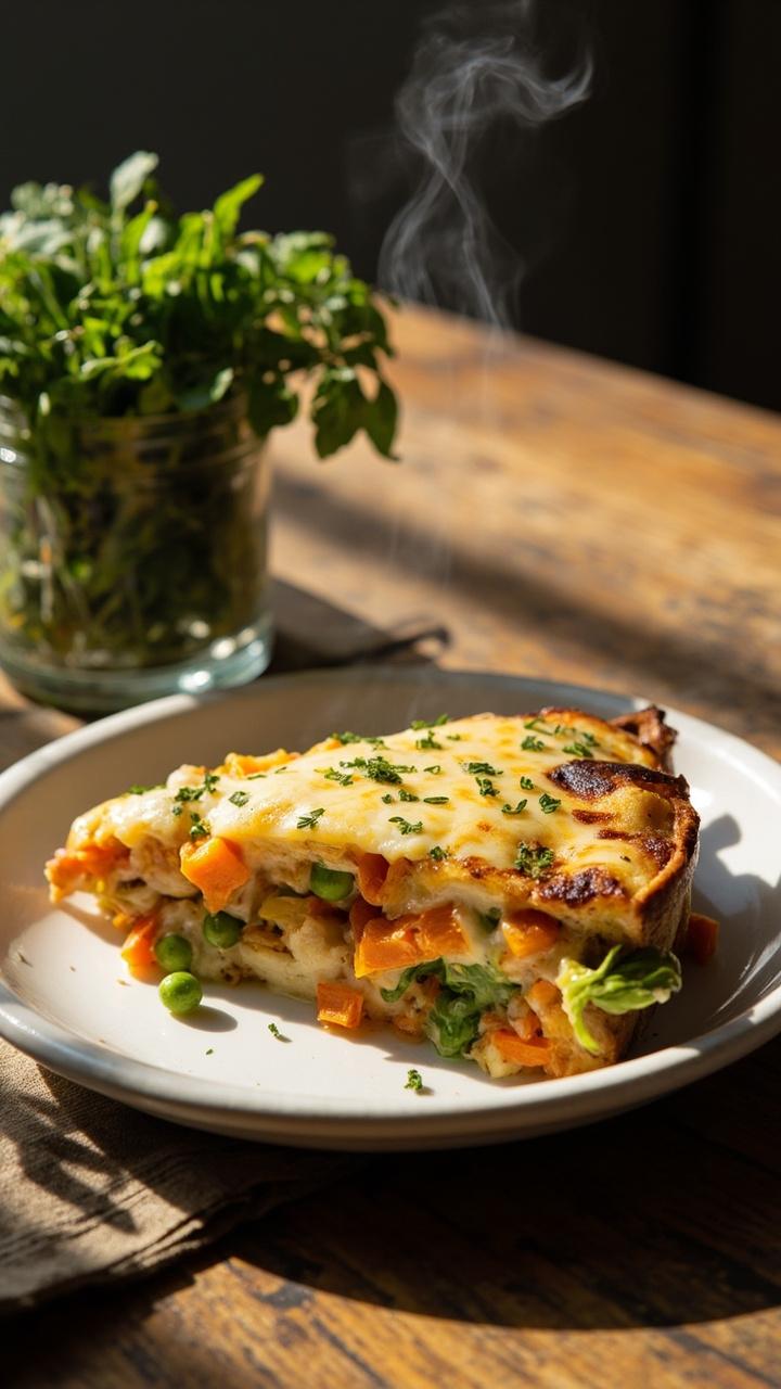 A slice on a simple white plate showing specks of mixed vegetables carrots peas and bell pepper and melted cheese with tiny green herb flecks on top a small jar of mixed fresh herbs and a wooden table surface