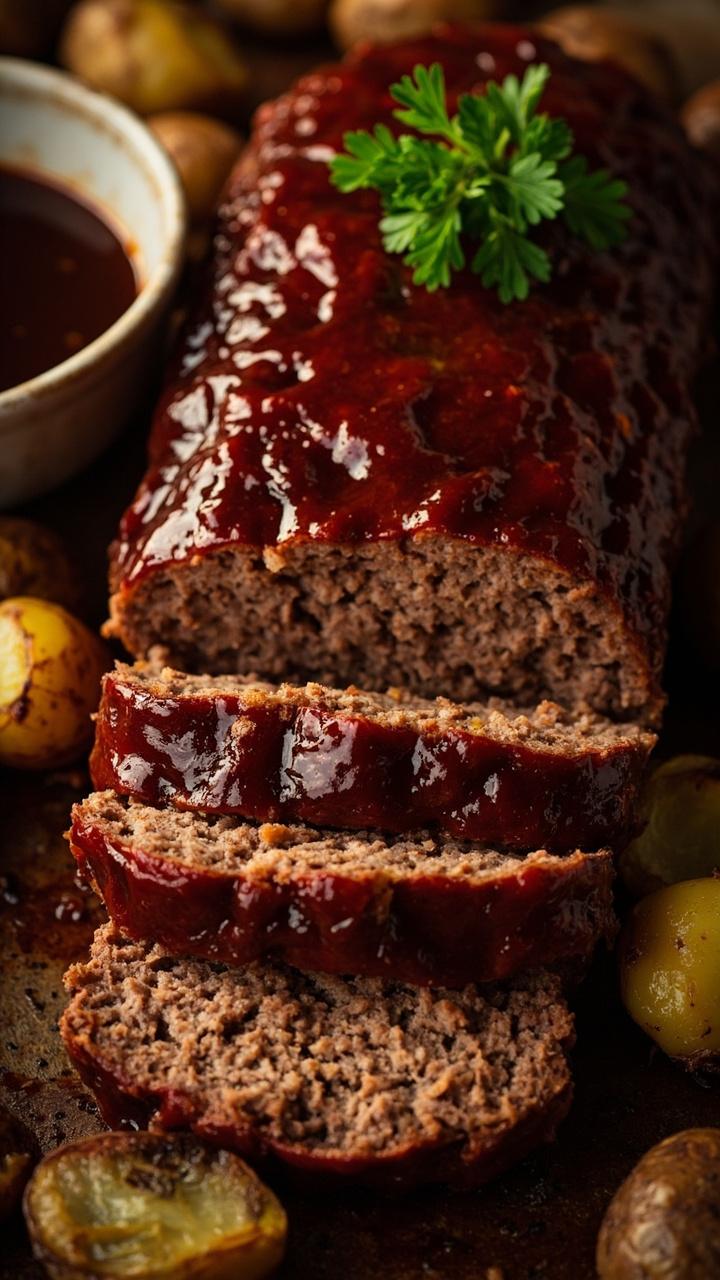 Thick slices of meatloaf with shiny mahogany glaze, a small ceramic bowl of extra glaze on the side, roasted baby potatoes, a sprig of parsley on the loaf