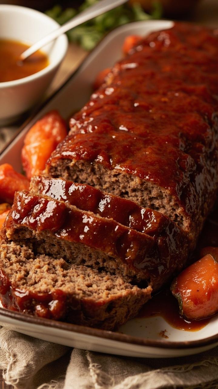 Slices of meatloaf glazed in glossy amber sauce, a small spoon resting in a shallow white bowl of glaze, roasted carrots with a light glaze, a linen napkin
