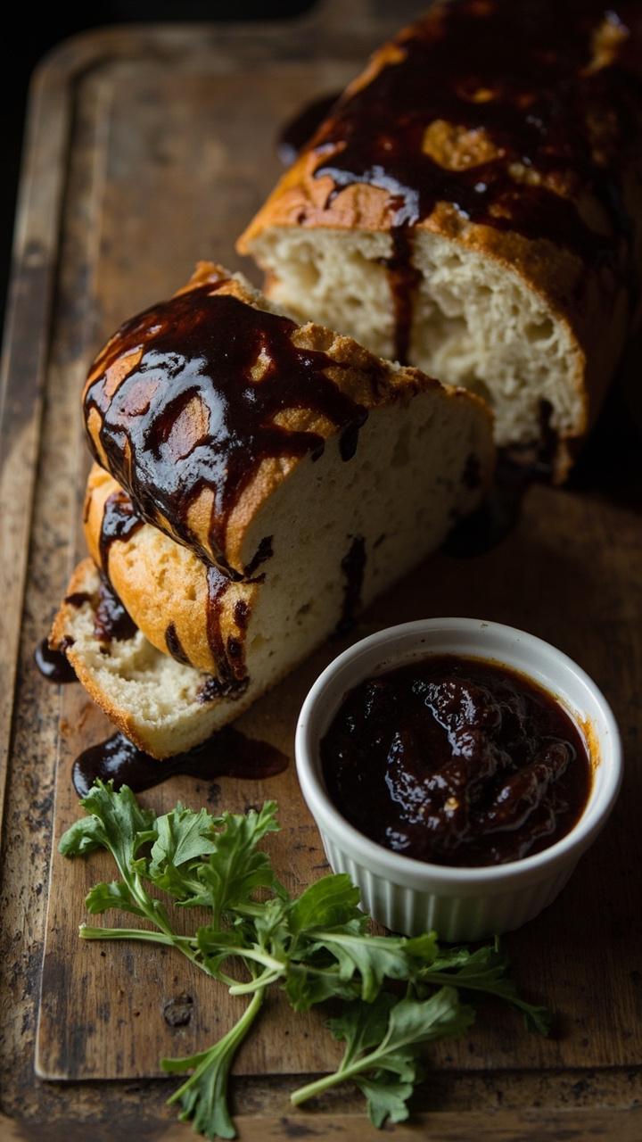 A loaf sliced on a wooden board with dark glossy fig balsamic glaze on top, a small ramekin of fig jam, a few fresh arugula leaves scattered beside the loaf