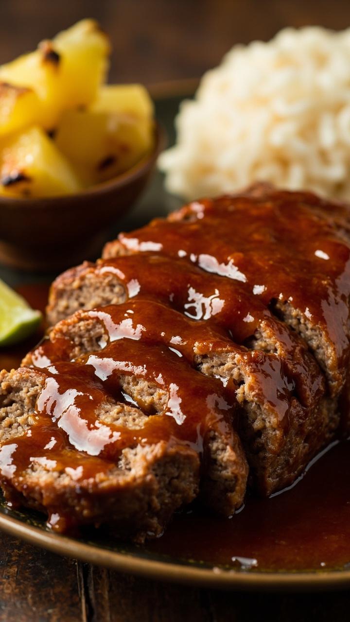 Sliced meatloaf with sticky amber pineapple soy glaze, a small bowl of diced grilled pineapple, steamed rice in the background, a lime wedge