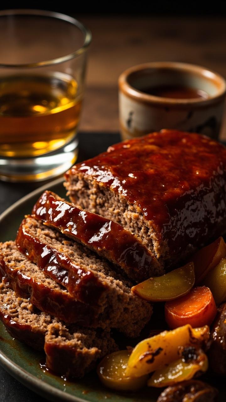 Thick slices of meatloaf with glossy amber bourbon glaze, a small glass with a splash of bourbon beside a ramekin of glaze, roasted root vegetables