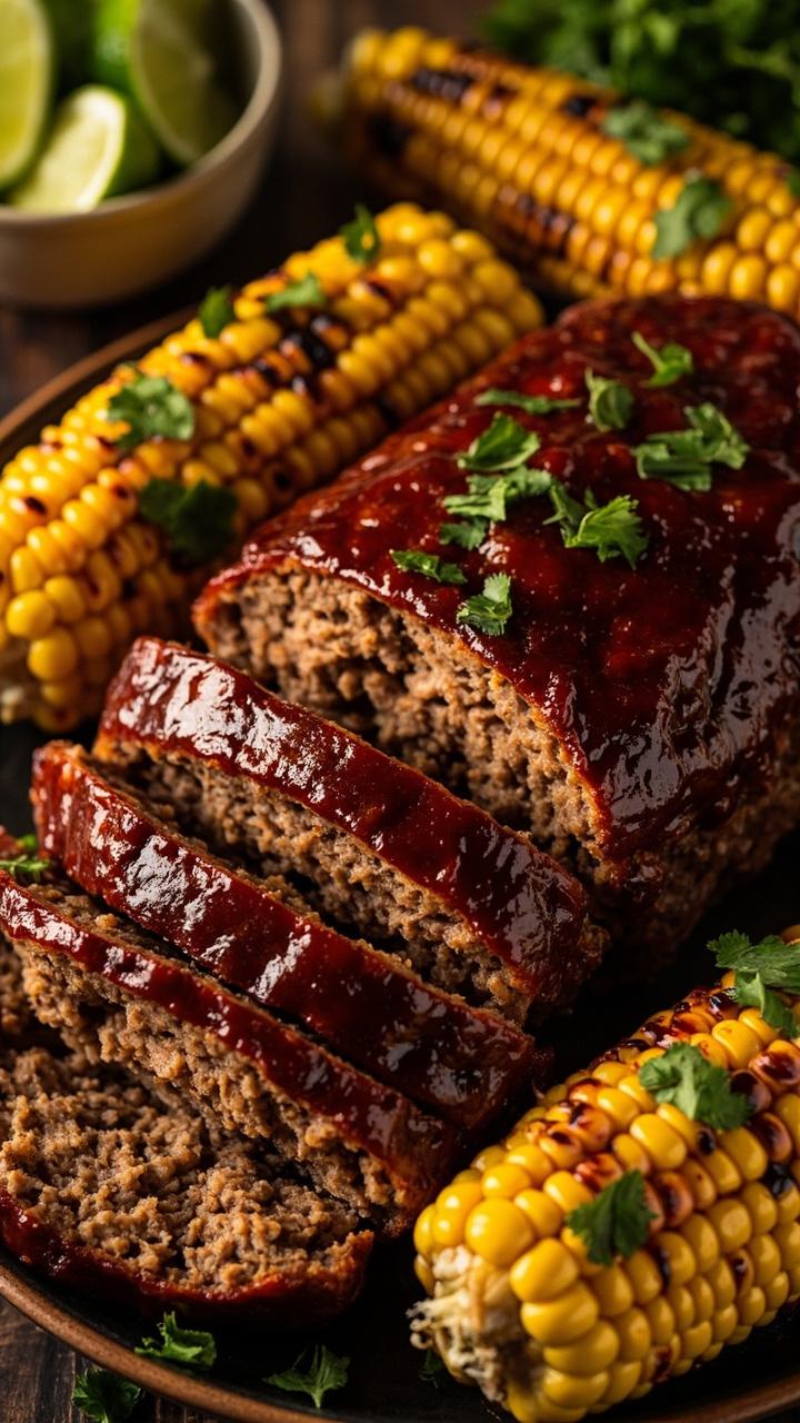 Sliced meatloaf with deep red honey chipotle glaze, a small bowl of lime wedges, a scattering of chopped cilantro, grilled corn on the cob halves