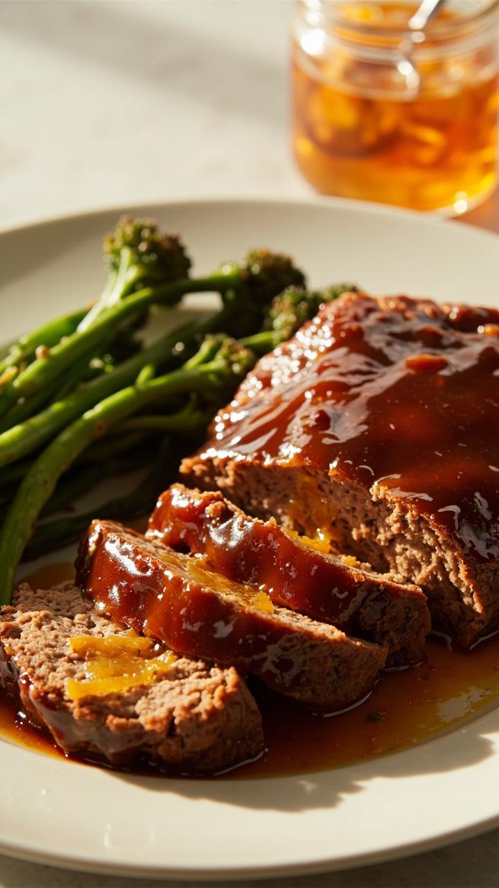 Meatloaf slices brushed with glossy orange marmalade soy glaze, a small spoon and jar of orange marmalade, steamed broccolini, a white plate