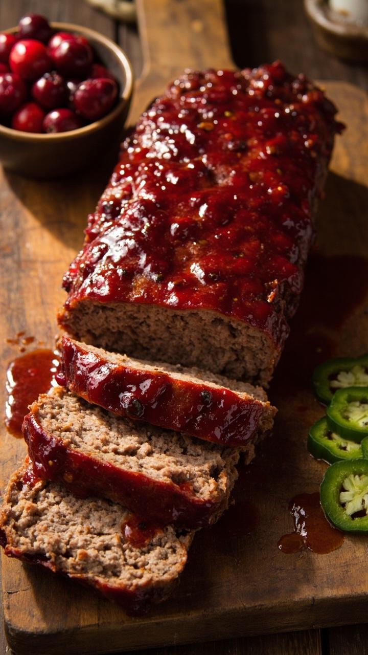 Sliced meatloaf topped with ruby cranberry jalapeno glaze, a small bowl of whole cranberries, thin slices of jalapeno on the side, a wooden serving board