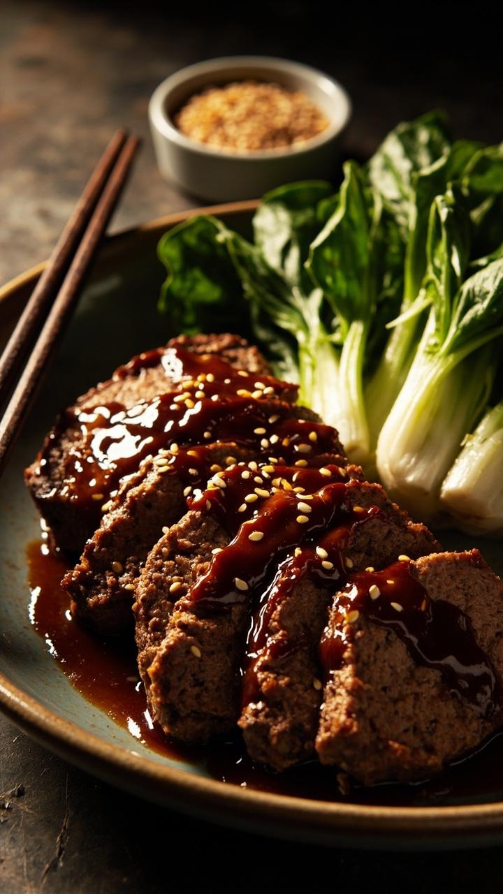 Thinly sliced meatloaf with dark glossy teriyaki sesame glaze, a small dish of toasted sesame seeds, steamed bok choy, chopsticks resting on the plate edge