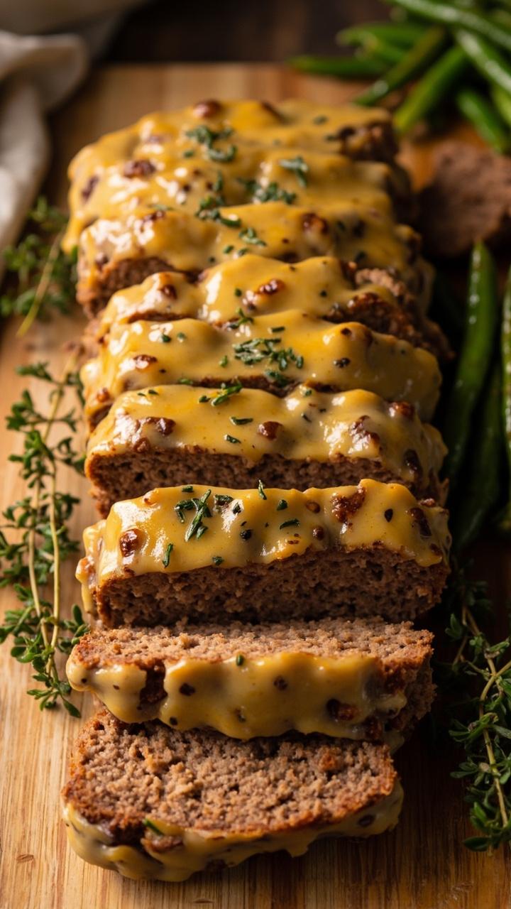 Meatloaf slices with glossy pale mustard herb glaze, a small bundle of fresh thyme, roasted green beans, a light wooden board