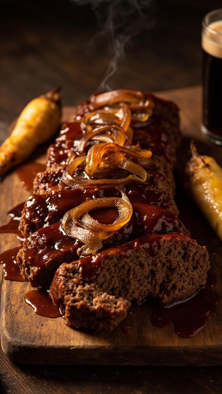 Sliced meatloaf with deep brown Guinness onion glaze, thin ribbons of caramelized onion piled on top, a small glass of dark beer beside the board, roasted parsnips