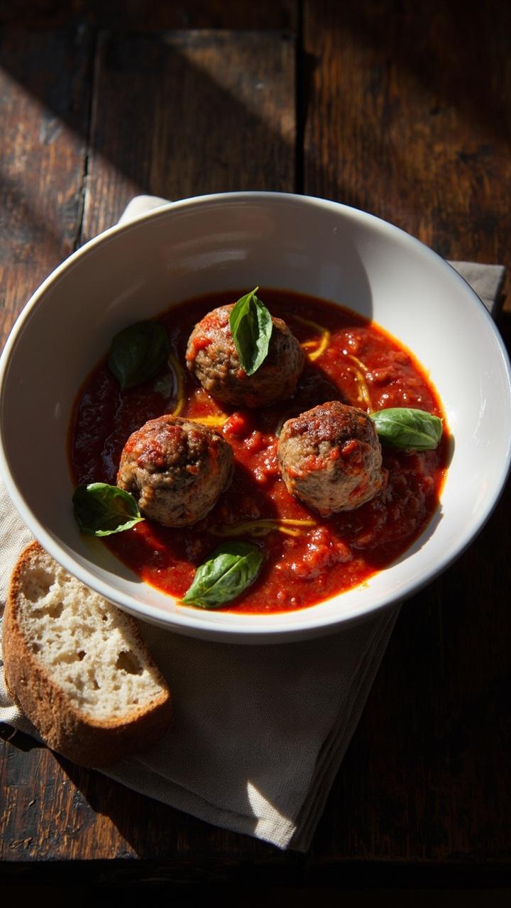 A shallow white bowl with three meatballs nestled in glossy red marinara, fresh basil leaves scattered on top, a drizzle of extra virgin olive oil, a torn slice of rustic bread on the side, and a wooden table surface with a linen napkin.