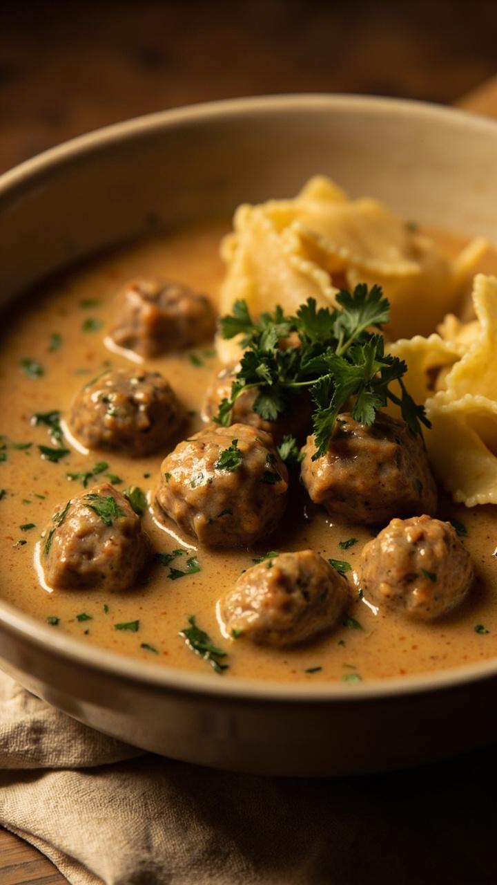 A shallow beige bowl of light tan creamy sauce dotted with small meatballs, a sprinkle of chopped flat leaf parsley, a small mound of buttered egg noodles on the side, and a soft folded napkin under the bowl.