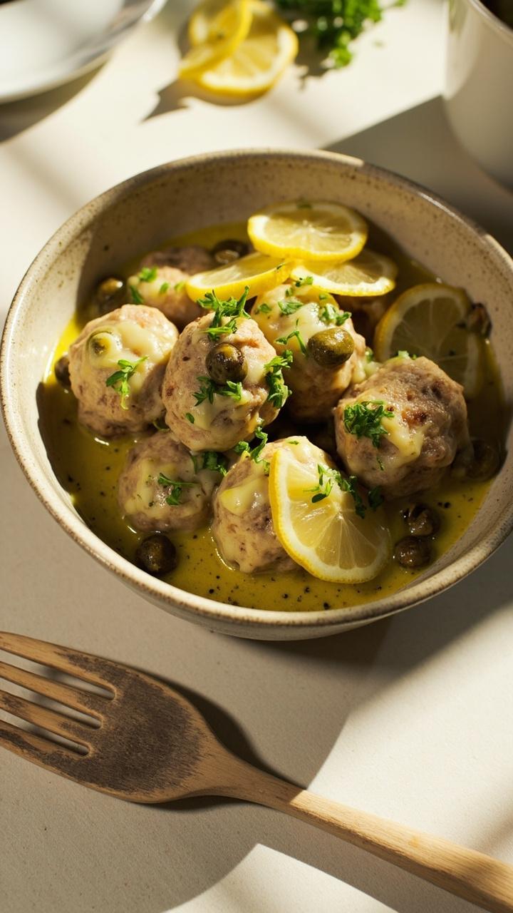 A shallow ceramic bowl with meatballs in a pale yellow lemon herb sauce dotted with green capers, thin lemon slices and chopped parsley on top, a wooden fork resting beside the bowl on a light colored tabletop.