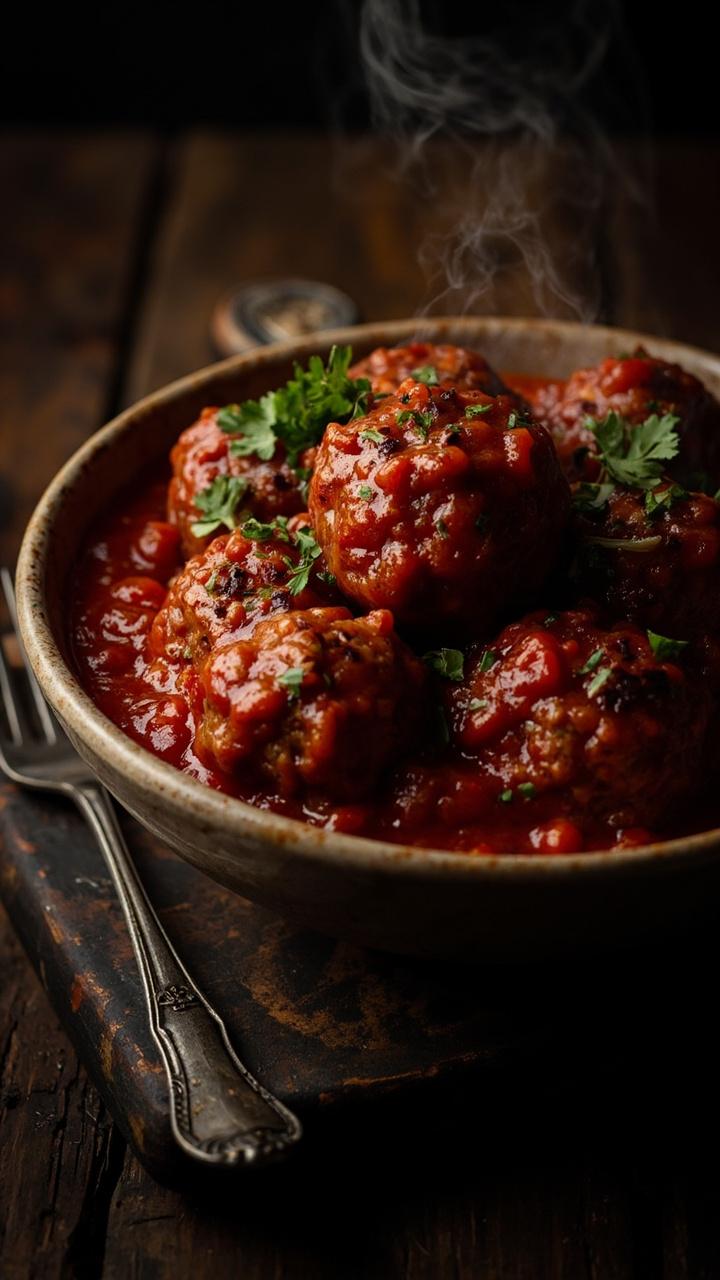 A deep red chunky tomato sauce ladled over meatballs in a shallow bowl with a scattering of red pepper flakes and chopped parsley, a rustic fork to the side and a dark wooden board beneath the bowl.