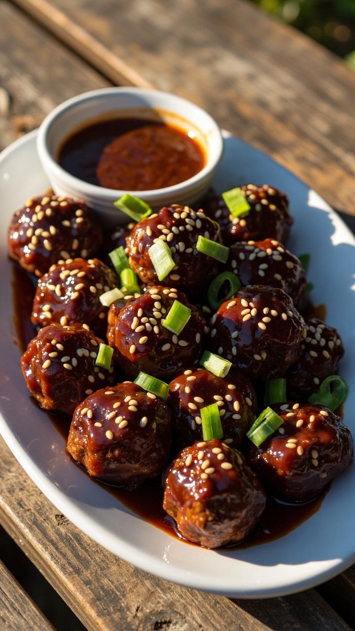 A shallow white platter piled with meatballs coated in glossy dark brown BBQ glaze, sesame seeds sprinkled on top, thinly sliced green onions, and a small bowl of extra sauce for dipping placed on a picnic style table.