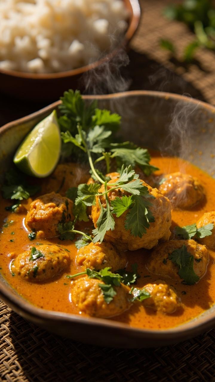 A shallow bowl with golden orange coconut curry sauce and meatballs, a sprinkle of chopped cilantro, a wedge of lime on the rim of the bowl, and a small bowl of jasmine rice nearby on a woven placemat.