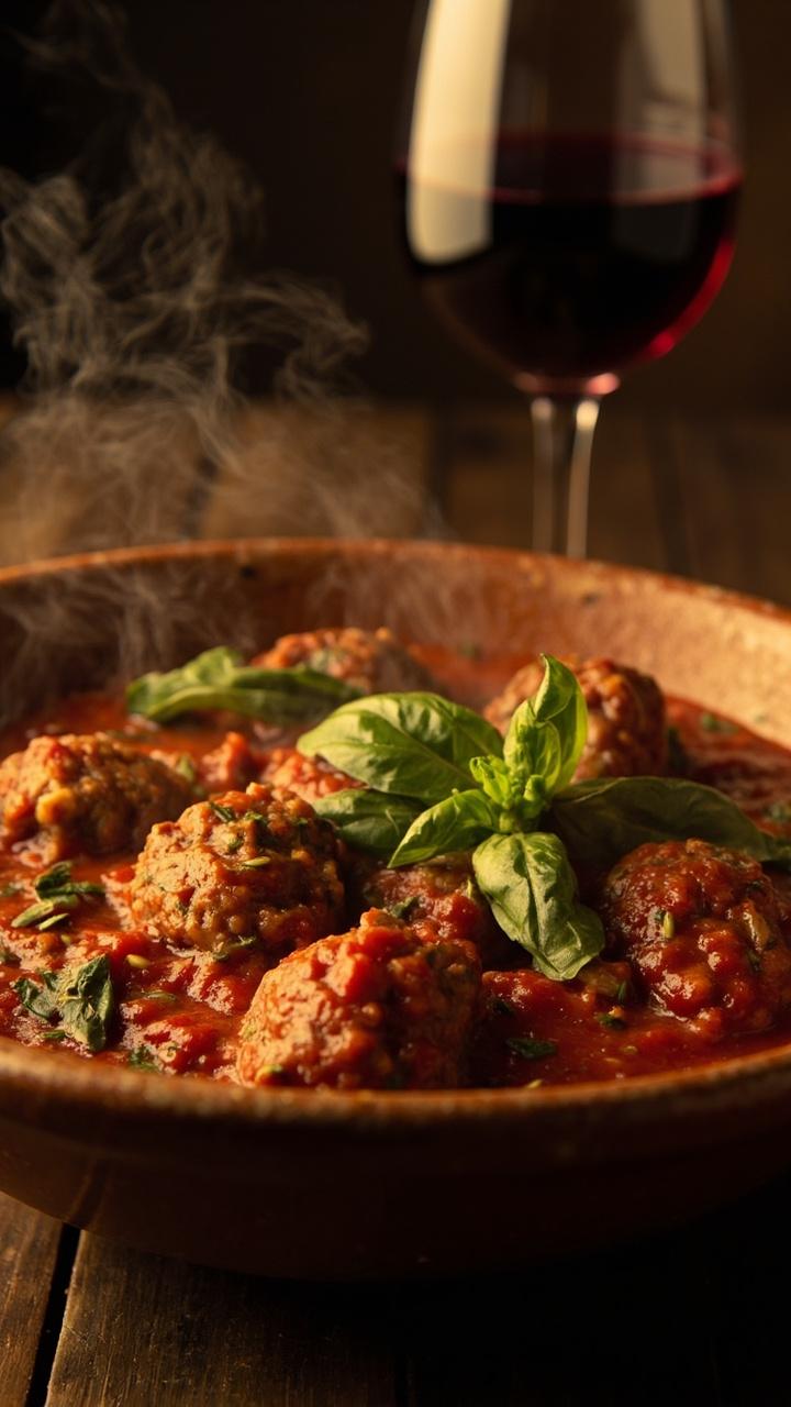 A deep red sauce with visible tomato bits and bright basil leaves, meatballs nestled in the sauce in a wide bowl, a glass of red wine blurred in the background, and a sprig of basil on top.