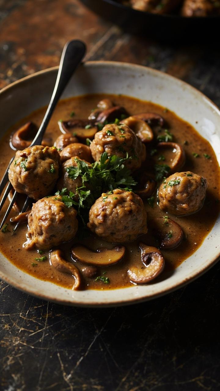 A plate with meatballs nestled in a light brown mushroom marsala sauce with visible sliced cremini mushrooms, a sprinkle of chopped parsley, and a fork on the plate edge, all on a stone countertop.