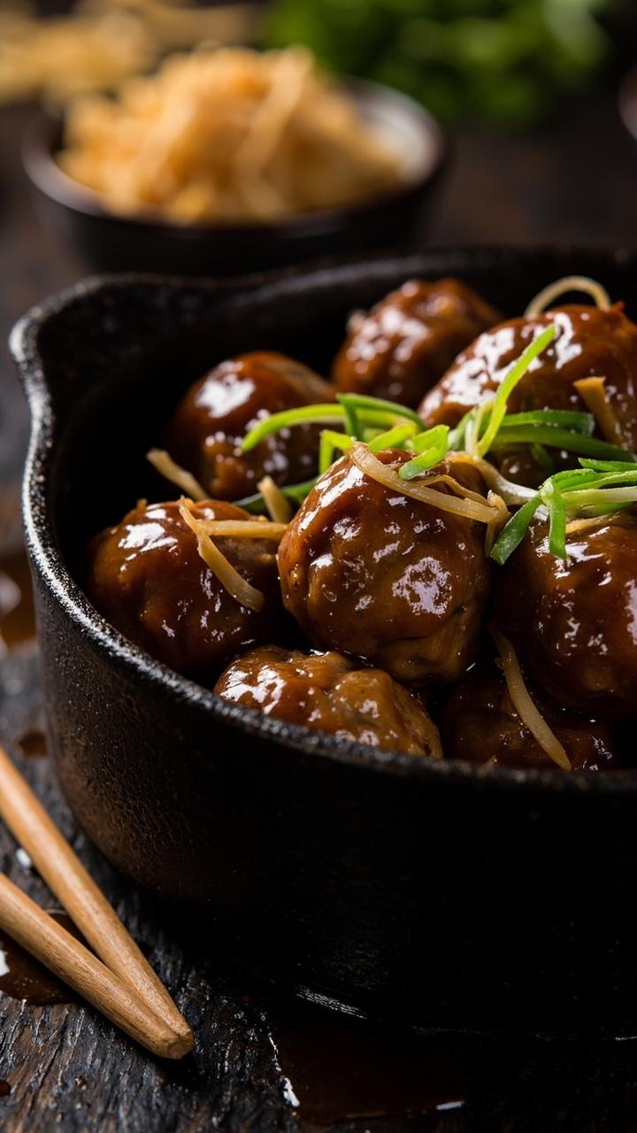 A small black cast iron skillet of glossy dark brown glazed meatballs topped with thinly sliced scallions and grated fresh ginger, a light drizzle of glaze pooled at the bottom, and chopsticks resting beside the skillet.