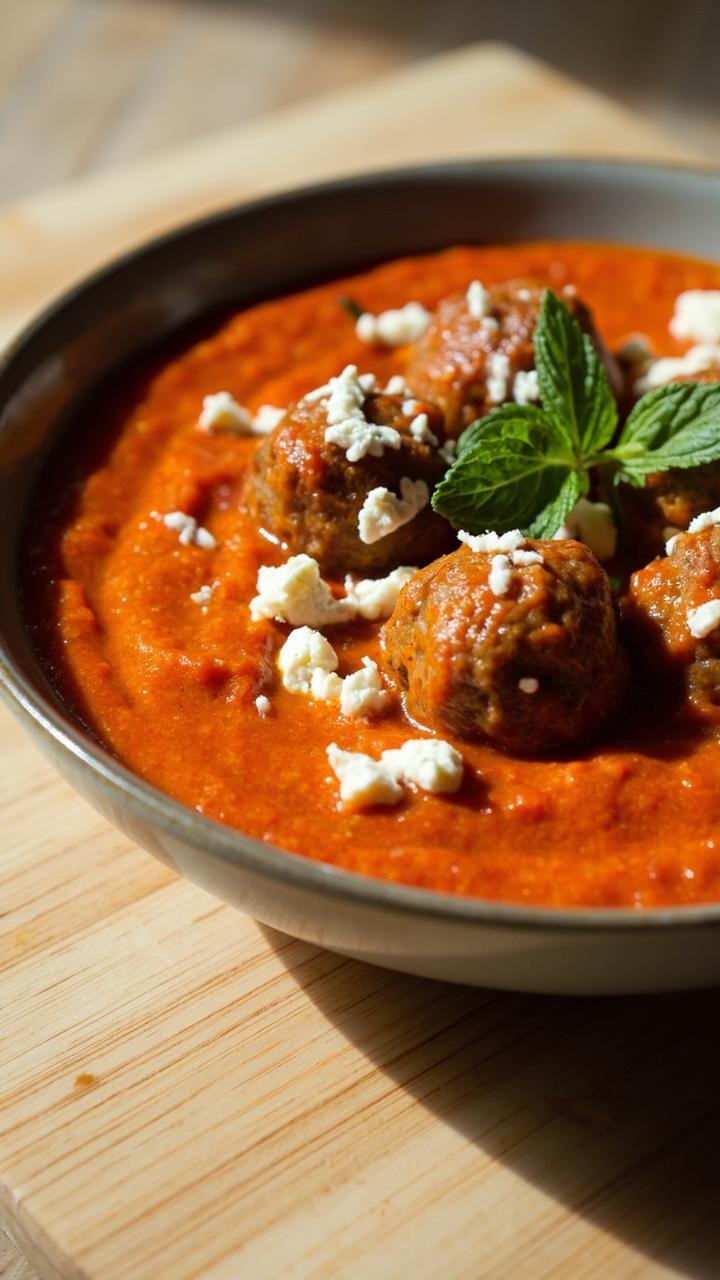 A shallow bowl with a smooth orange red roasted pepper sauce swirled around meatballs, crumbled white feta on top, a few chopped fresh mint leaves for contrast, and a light wood board beneath.