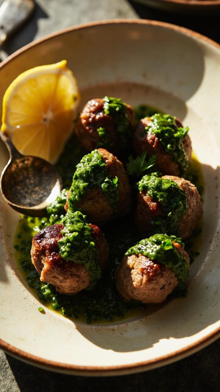 A small oval plate with meatballs drizzled with a vibrant green chimichurri style salsa verde, flecks of parsley and cilantro visible, a lemon wedge on the side, and a rustic metal spoon for drizzling.