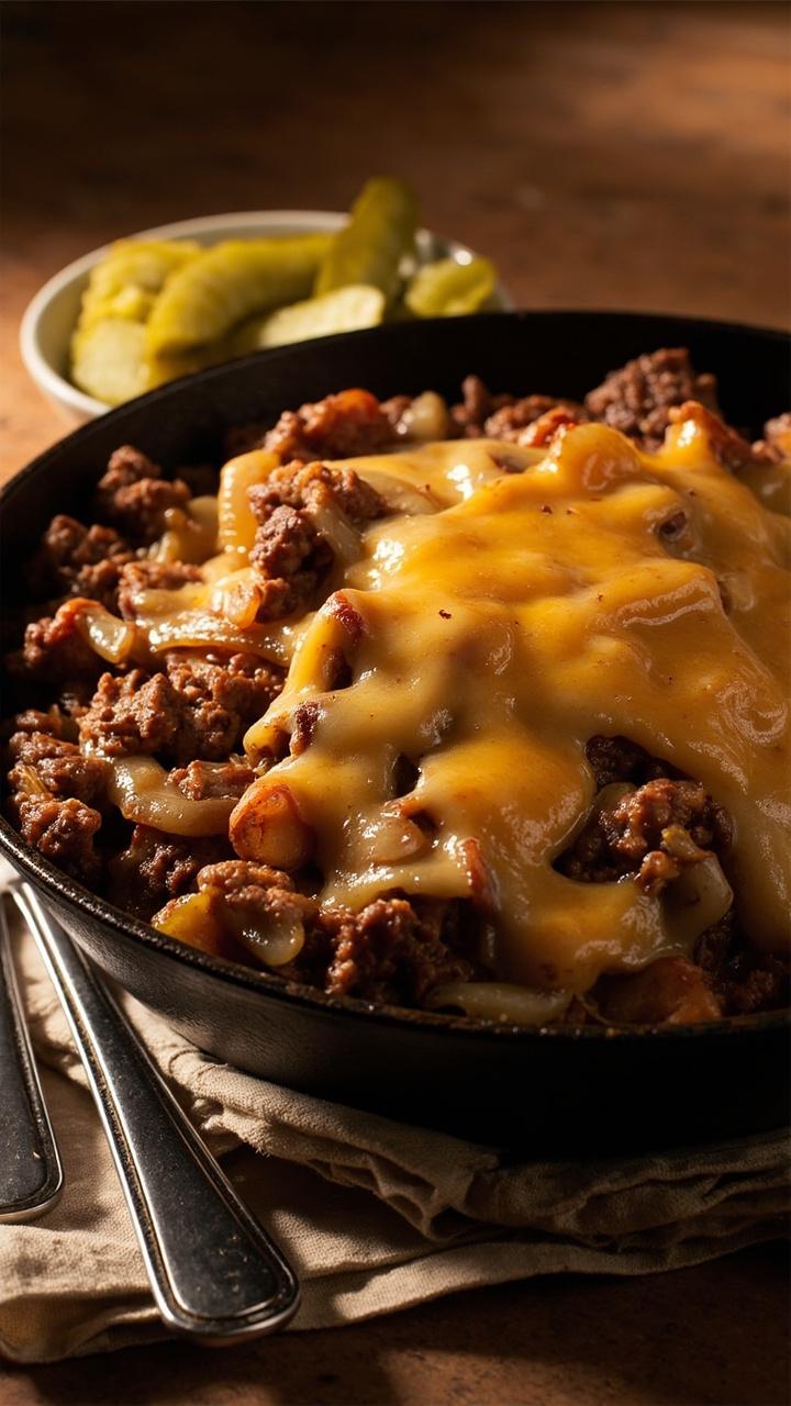 cast iron skillet with browned crumbles of hamburger meat mixed with golden diced potatoes and caramelized onions topped with melted cheddar and a small pile of sliced dill pickles on the side napkin under a simple fork