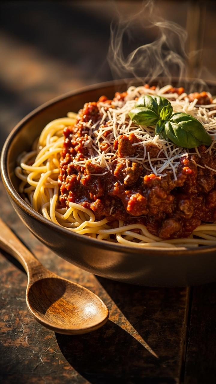 wide shallow bowl of spaghetti topped with chunky tomato sauce loaded with browned hamburger meat sprinkled with grated Parmesan and a basil leaf and a rustic wooden spoon resting on the table