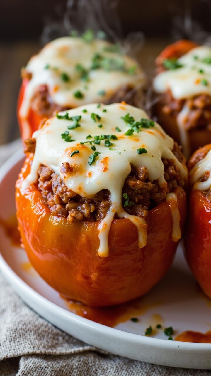 three roasted bell peppers standing upright on a white ceramic plate filled with tomato and rice based hamburger filling melted mozzarella on top and a sprinkle of chopped parsley beside a linen napkin