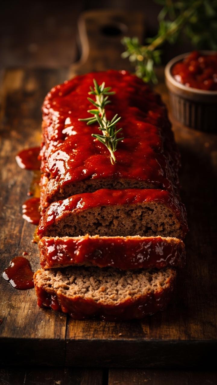 sliced meatloaf on a wooden cutting board glazed shiny with ketchup glaze slices showing juicy interior with a sprig of thyme and a small ramekin of extra glaze nearby