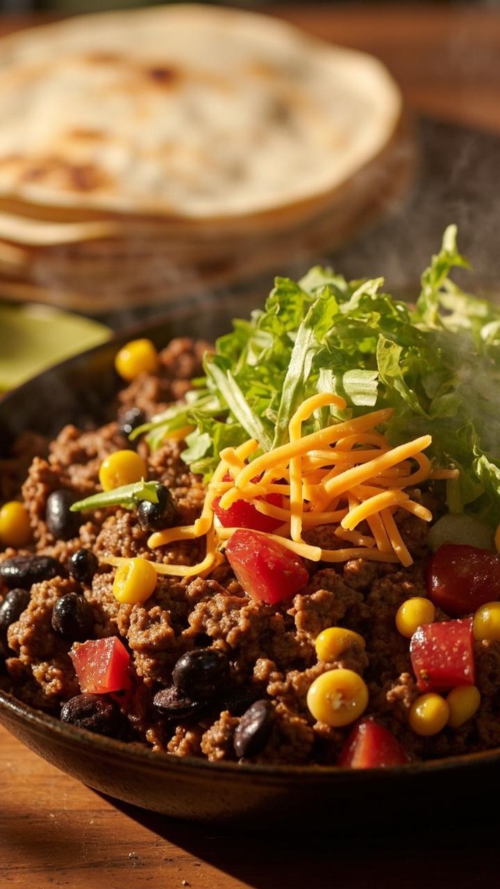 colorful shallow skillet filled with seasoned hamburger meat black beans corn diced tomatoes shredded lettuce and a handful of shredded cheddar on top a stack of warm tortillas in the background