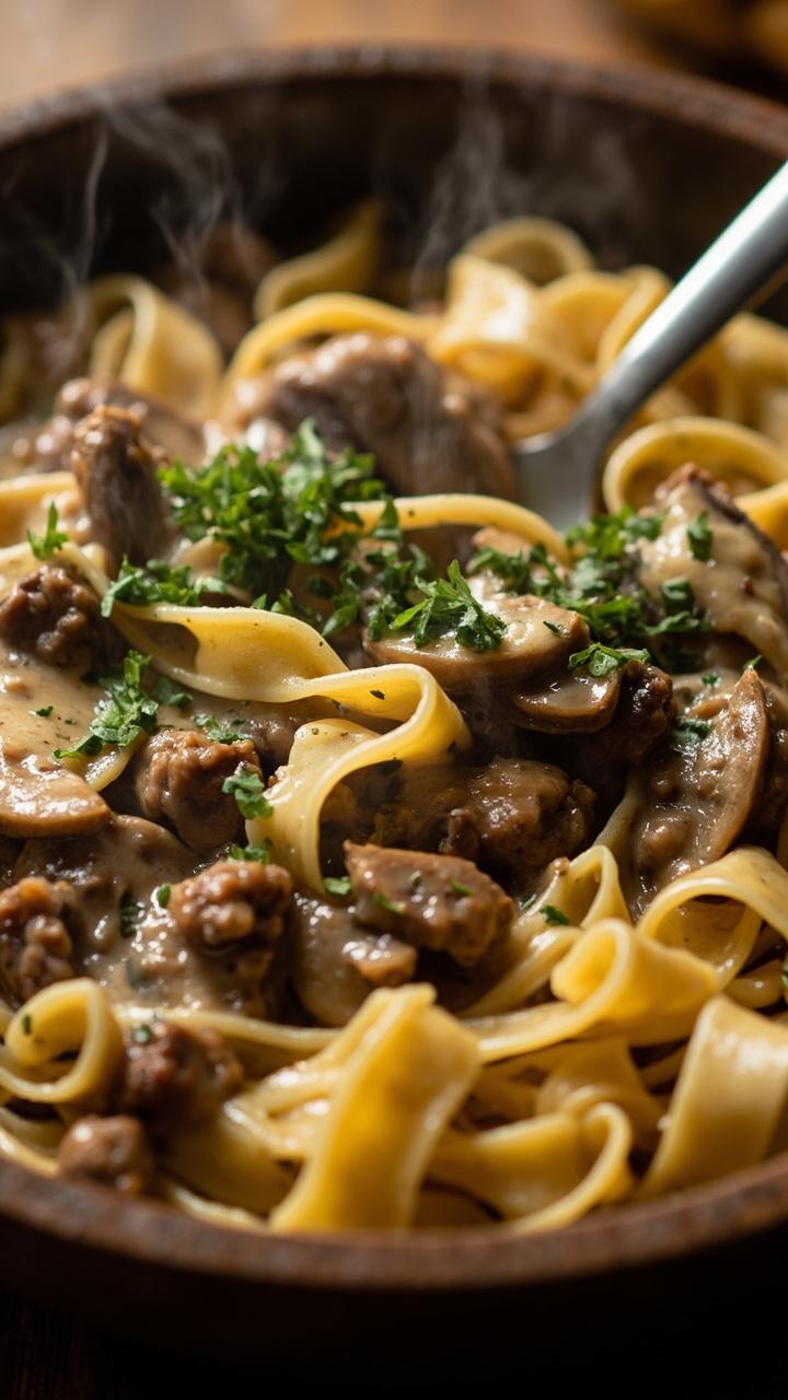 deep bowl of wide egg noodles tossed in creamy mushroom sauce with browned hamburger meat lots of sliced mushrooms and a sprinkle of chopped parsley and a spoon resting on the rim