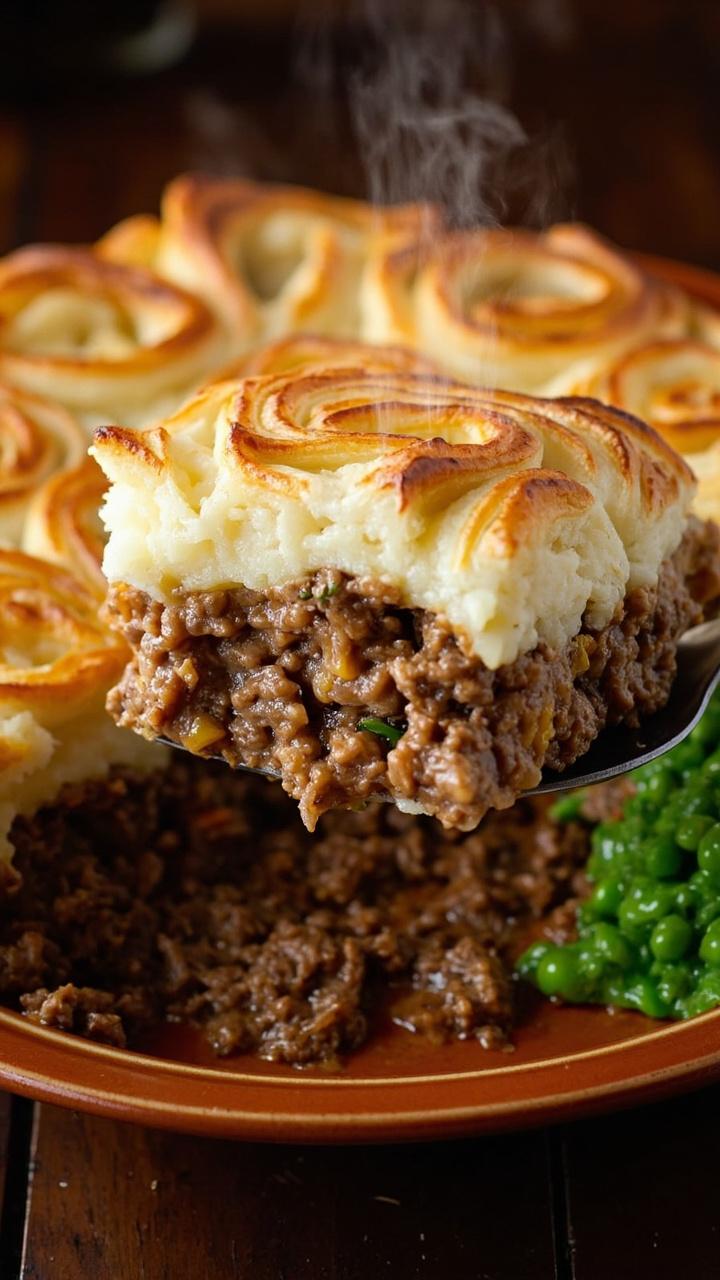 browned hamburger and vegetable filling topped with swirled golden mashed potatoes in a shallow baking dish edges crisped and a large serving spoon scooping a square onto a plate with a side of steamed peas