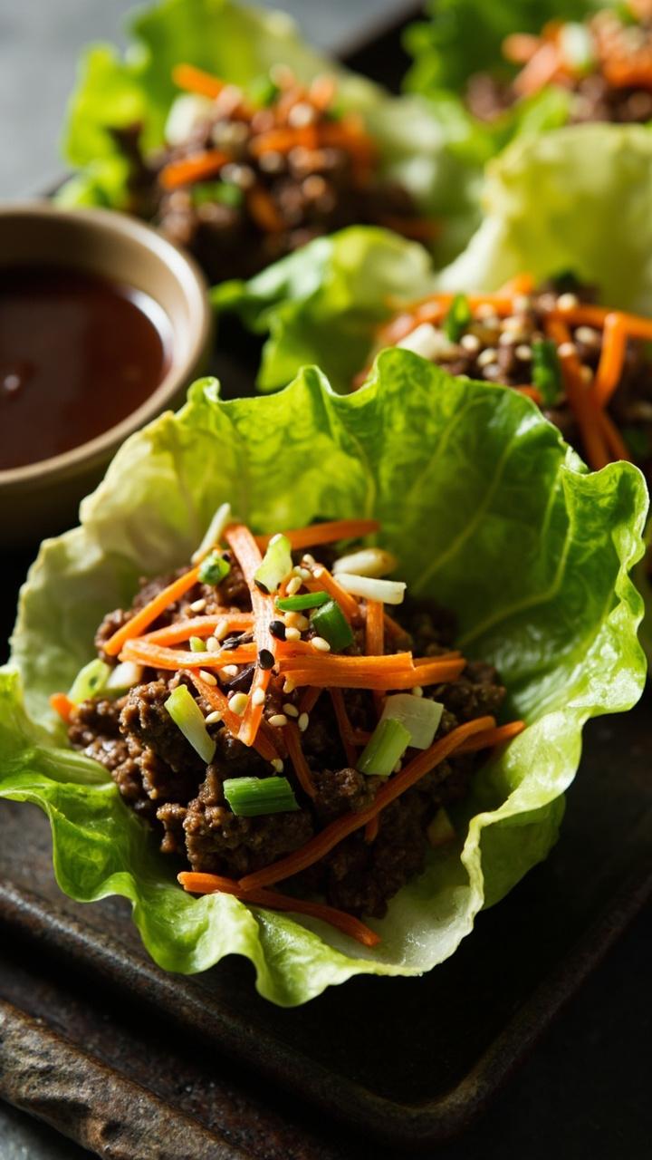 crisp butter lettuce leaves filled with glossy seasoned ground beef shredded carrots chopped scallions and sesame seeds on a rectangular platter with a small bowl of dipping sauce