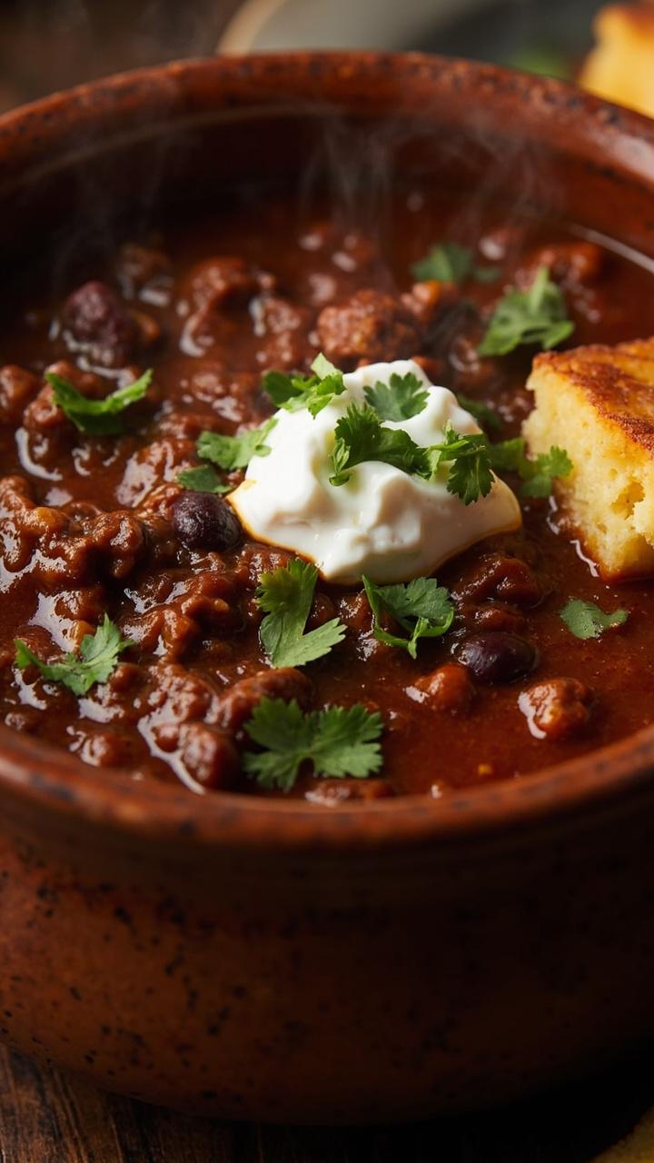 deep bowl of thick red chili with visible crumbled beef kidney beans and a dollop of sour cream topped with chopped cilantro and a small cornbread square on the side