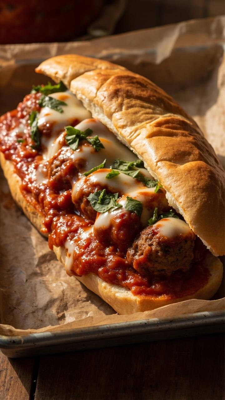 toasted sub roll filled with round browned meatballs in marinara topped with melted mozzarella and a sprinkle of chopped basil served on a parchment lined tray with a paper napkin