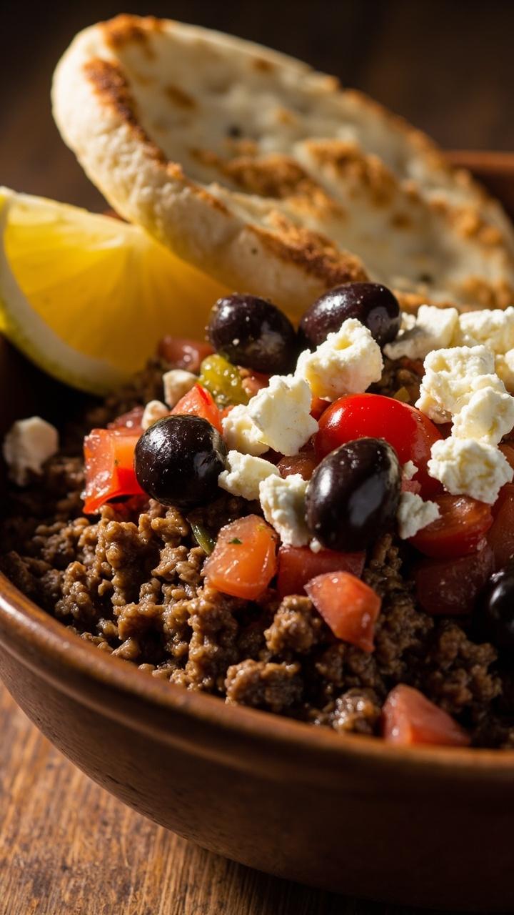 wide shallow bowl with seasoned ground beef mixed with chopped tomatoes kalamata olives crumbled feta and a lemon wedge on the side and a piece of warm pita leaning on the rim
