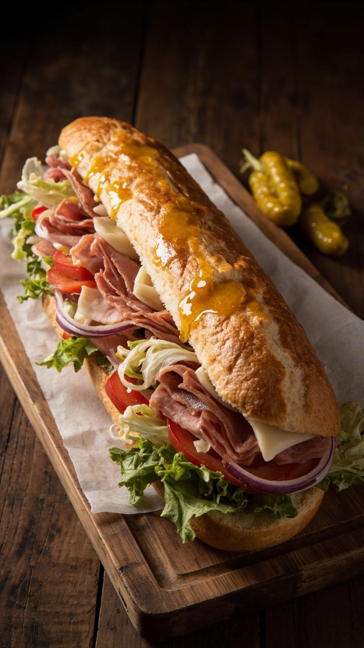 A long crusty Italian roll halved lengthwise, layered with slices of Genoa salami, ham, and provolone, topped with shredded romaine, thin tomato slices, red onion rings, and a drizzle of olive oil and red wine vinegar, served on a wooden board with a paper napkin and a few pepperoncini on the side