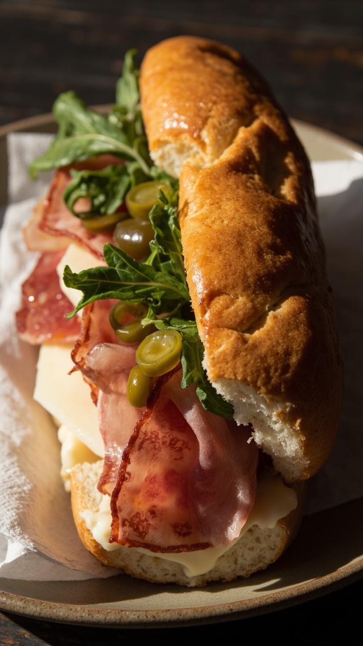 A golden toasted sub roll filled with thin slices of spicy capicola and provolone, scattered with pepperoncini slices, banded arugula, and a light smear of garlic mayo, presented on a small ceramic plate with a folded napkin