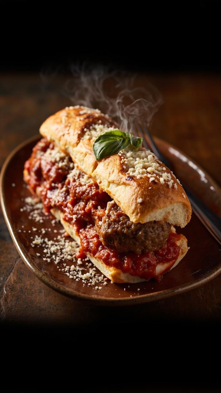 A toasted sub roll generously stuffed with homemade meatballs in marinara, melted mozzarella on top, a sprinkle of grated Parmesan, and a small basil leaf garnish, placed on a deep dish plate with a fork resting beside it