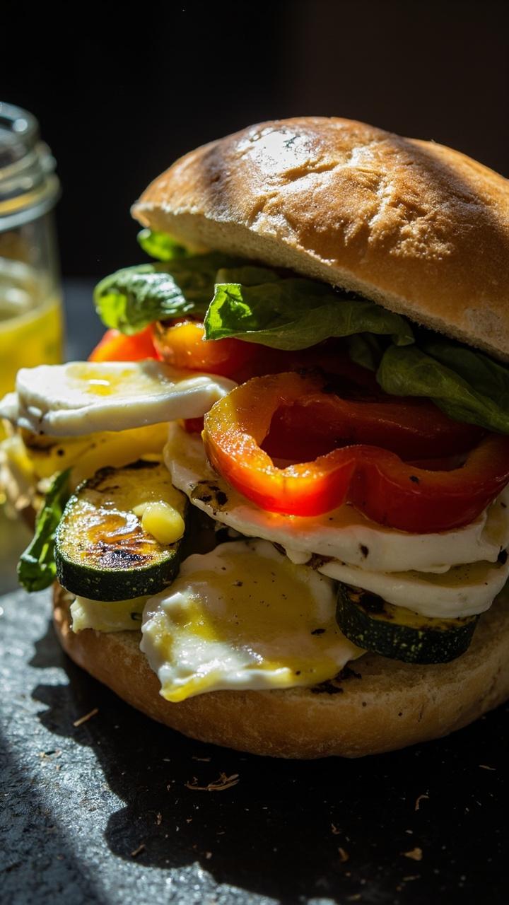 A rustic roll filled with strips of marinated red and yellow peppers, grilled zucchini ribbons, slices of fresh mozzarella, and basil leaves, drizzled with olive oil and scattered on a slate board with a small jar of leftover marinade beside it