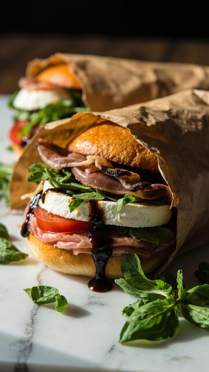 A paper wrapped soft sub roll layered with thin prosciutto slices, discs of fresh mozzarella, baby arugula, thin tomato slices, and a light drizzle of balsamic reduction, resting on a marble slab with a few basil leaves