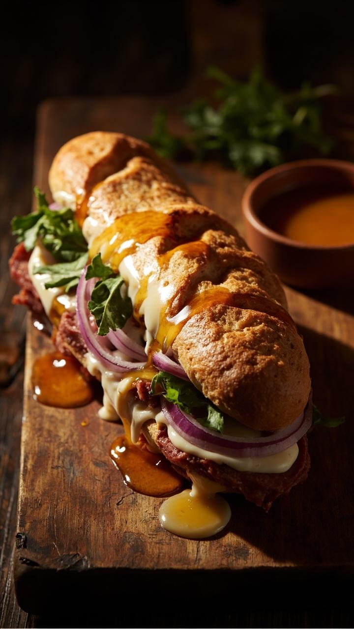 A toasted baguette filled with thin soppressata slices, melted provolone, a drizzle of hot honey, thinly sliced red onion, and a few arugula leaves, presented on a wooden board with a small dish of hot honey nearby