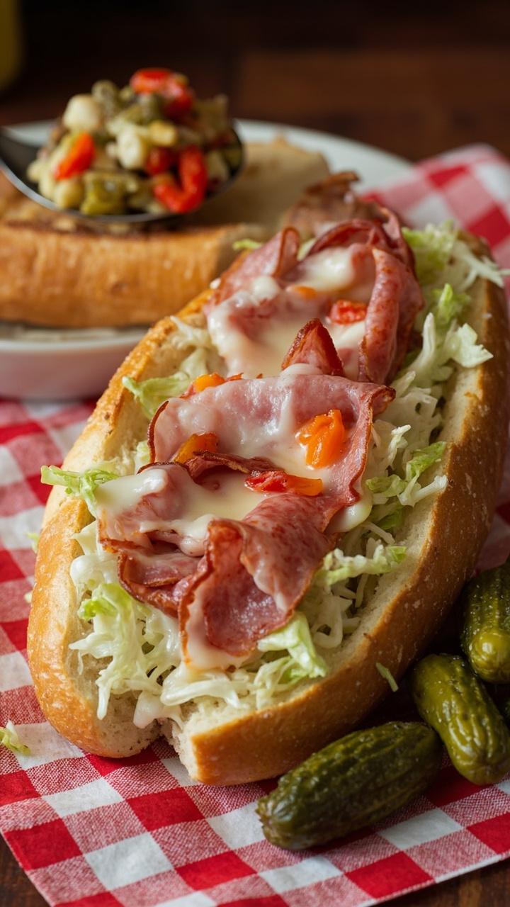 A crusty roll packed with thin Genoa salami, melted provolone, a spoonful of colorful giardiniera pickles, shredded iceberg lettuce, and a few pickle spears on the side, sitting on a checked napkin