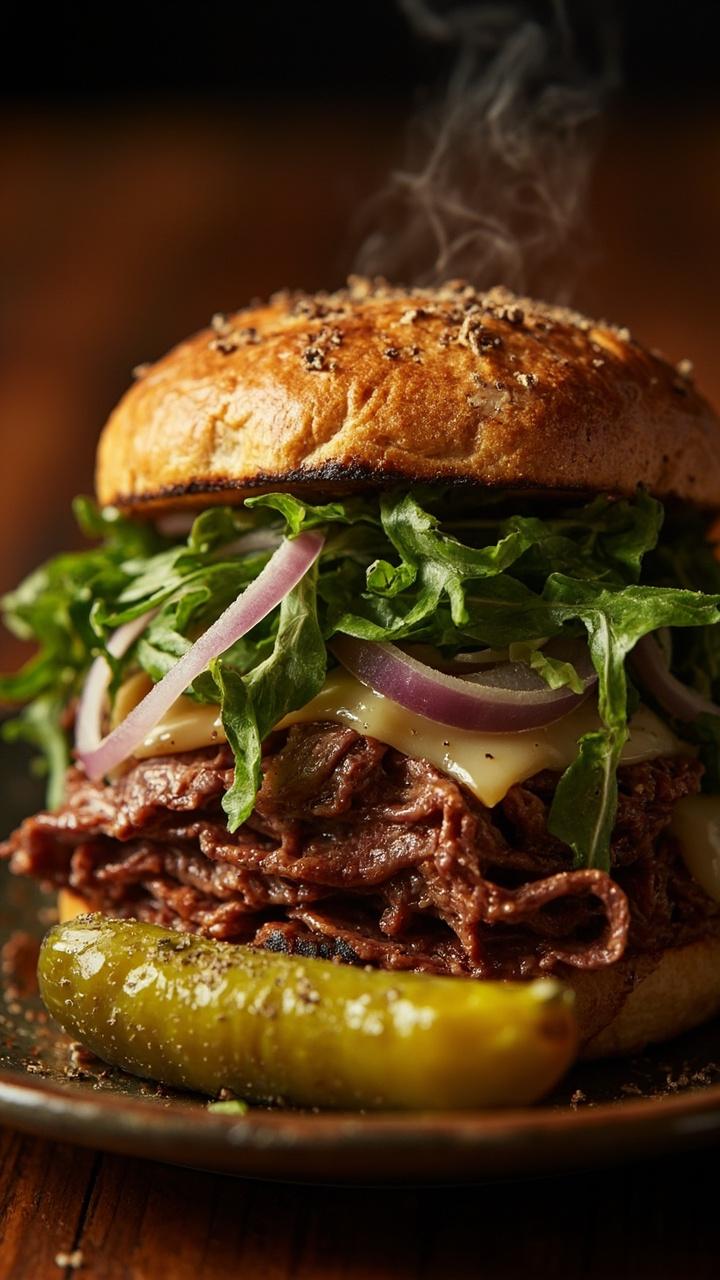 A warm toasted roll filled with thin slices of roast beef, melted provolone, thinly sliced red onion, arugula tossed with lemon and olive oil, and a scattering of dried oregano, served on a warm plate with a pickle spear