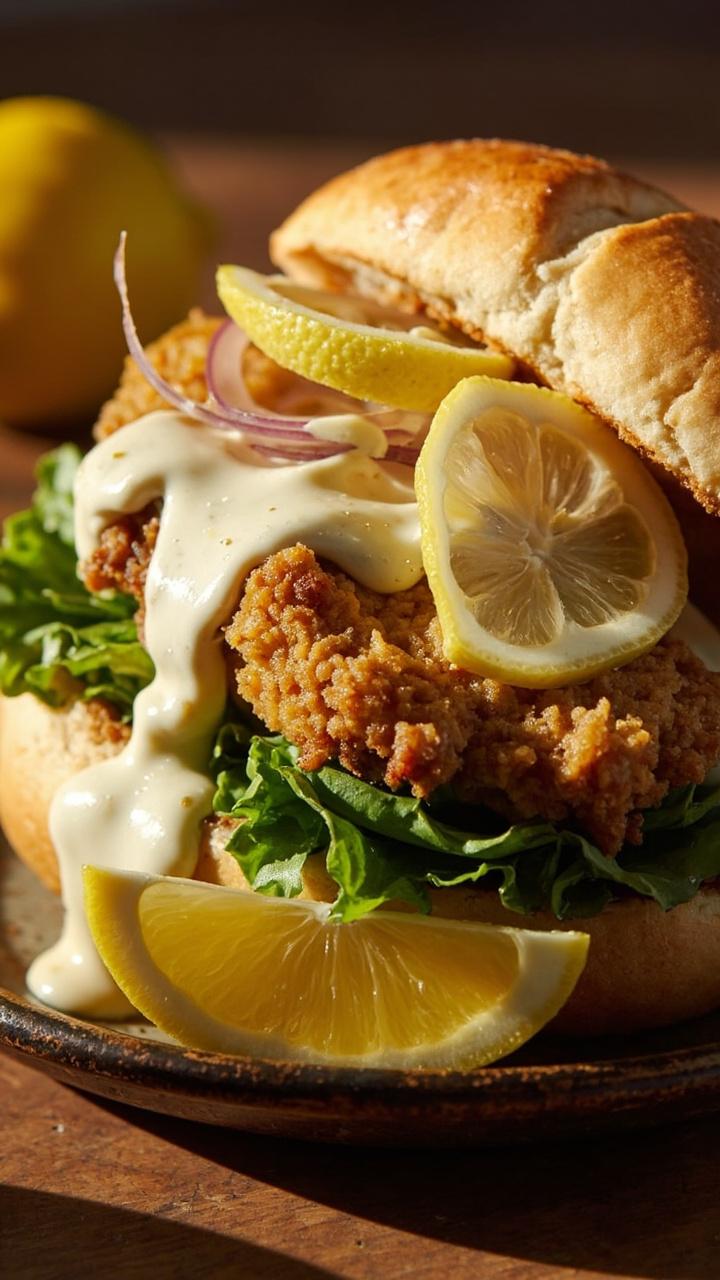 A golden breaded chicken cutlet folded into a soft roll with romaine, thin lemon slices tucked in, and a smear of pale lemon aioli, placed on a casual plate with a wedge of lemon