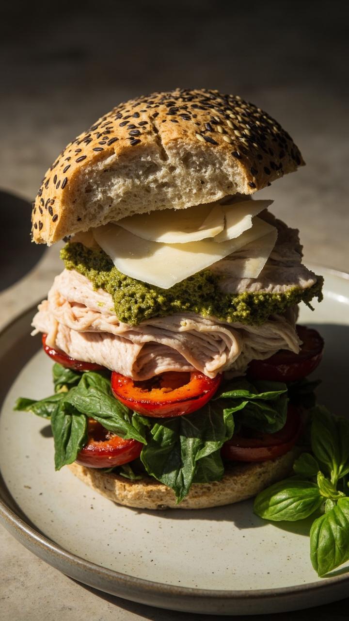 A whole grain roll layered with sliced turkey, a generous smear of green pesto, slices of roasted red pepper, fresh spinach leaves, and a few shavings of Parmesan, placed on a neutral plate with a sprig of basil