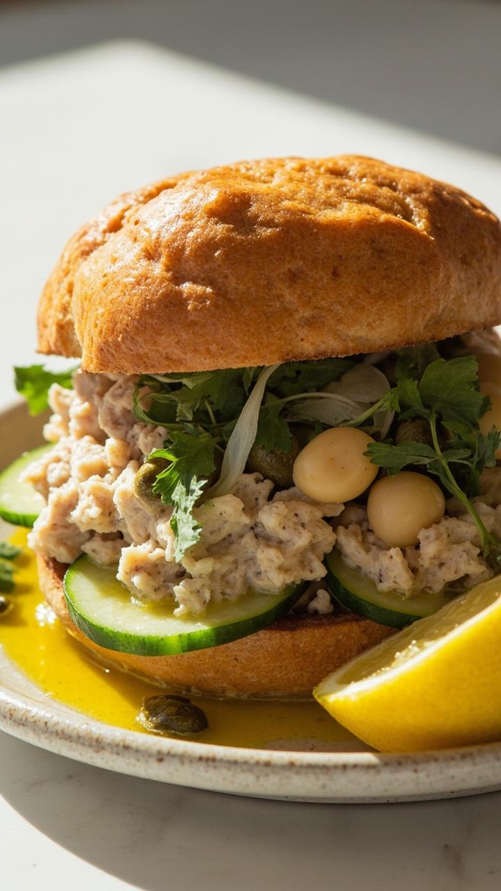 A hearty roll stuffed with a chunky tuna and white bean mixture, thinly sliced cucumber, a few capers, torn parsley, and a drizzle of olive oil, presented on a small plate with a lemon wedge