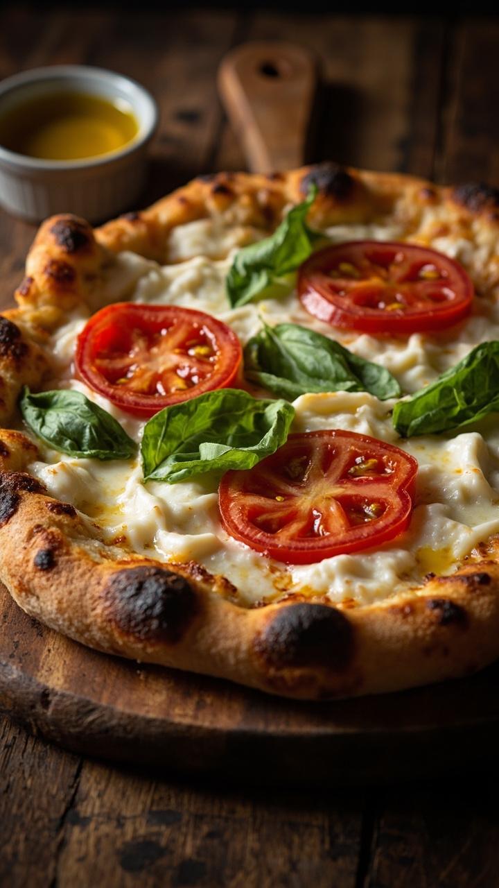 Thin blistered crust on a wooden peel, three glossy tomato slices and melted mozzarella, bright basil leaves scattered on top, a small ramekin of extra olive oil beside the peel