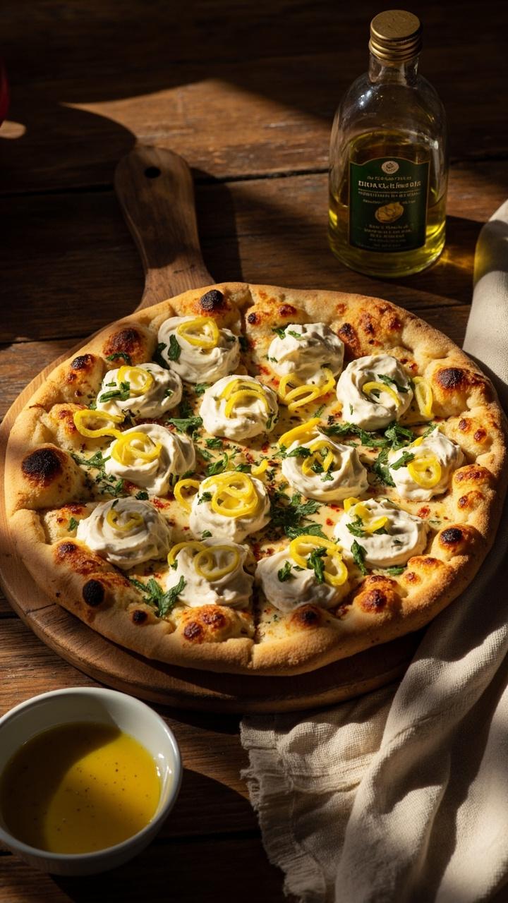 Golden blistered thin crust on a round wooden board, dollops of creamy white ricotta, thin lemon zest strips and green herb sprigs, a small dish of extra garlic olive oil, a linen napkin