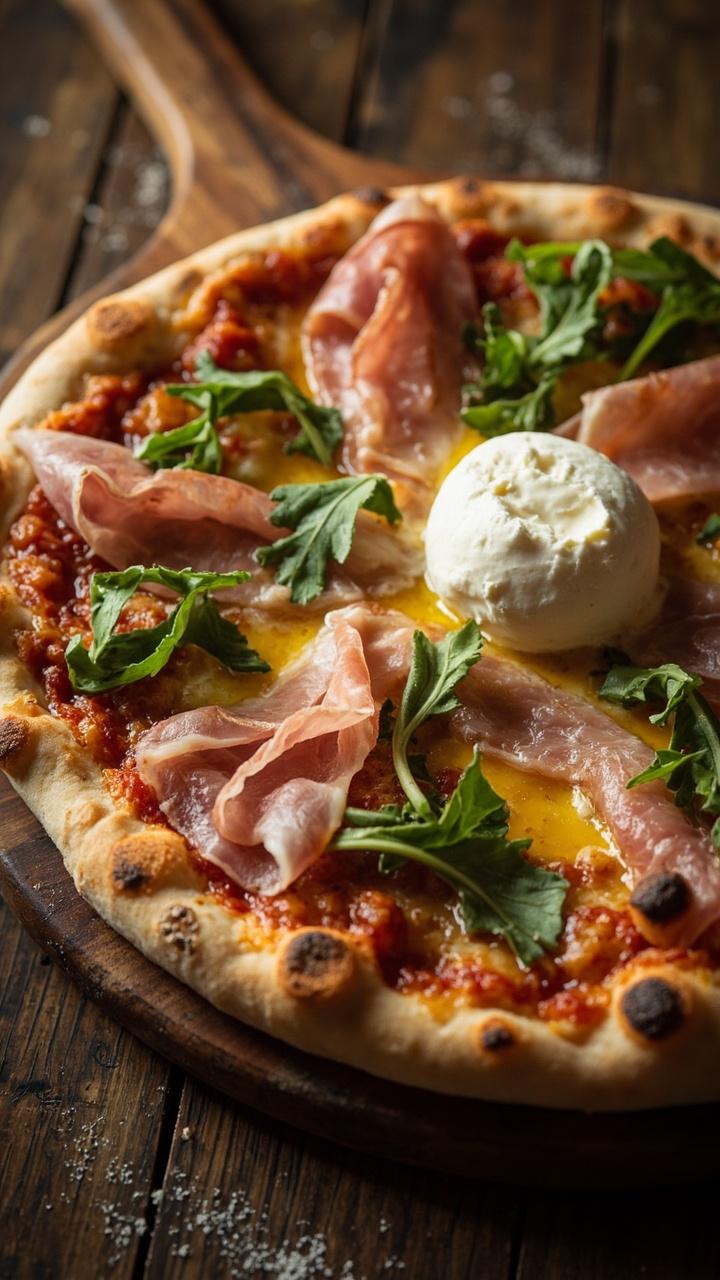 Round pizza on a wooden peel with torn burrata in the center, thin prosciutto slices draped across, scattered arugula leaves, small drizzle of olive oil over the top, a wooden table surface