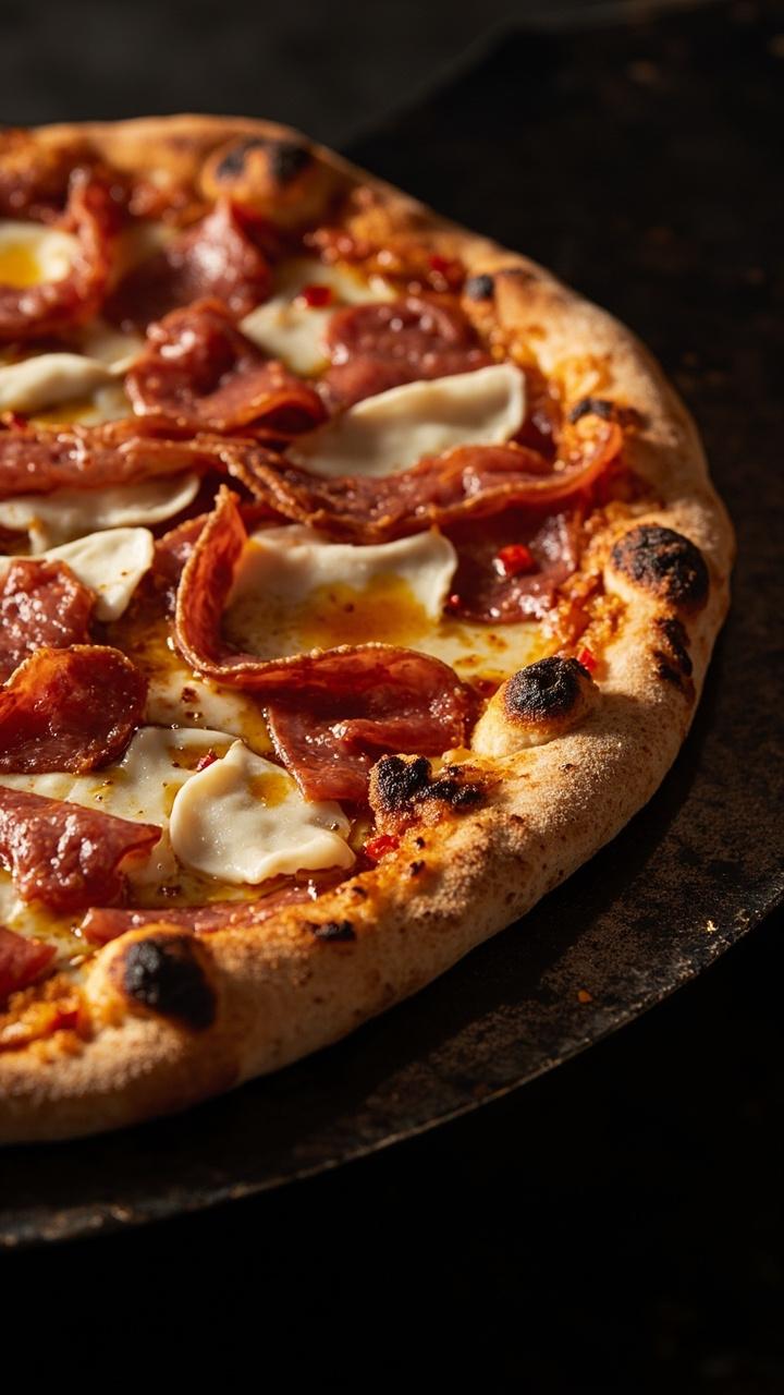 Crisp charred crust on a black metal peel, vibrant red soppressata slices across the surface, thin ribbons of melted mozzarella, light drizzle of golden honey, red pepper flakes visible
